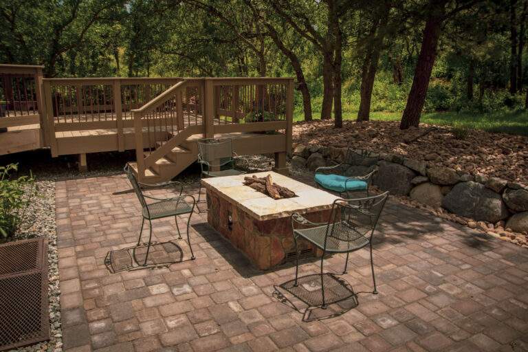 Paver patio with firepit and deck