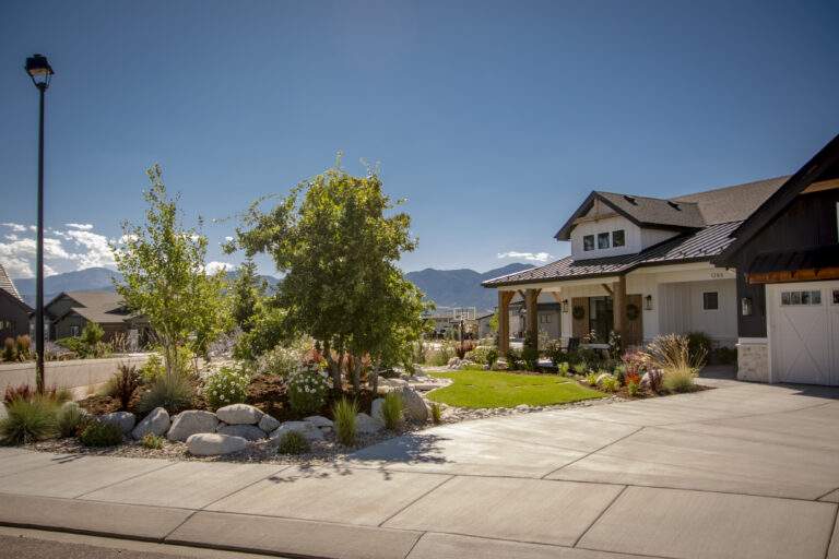 Front yard with steppers in turf and plants.