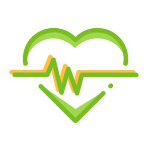 Green and yellow heart icon with heartbeat ekg line