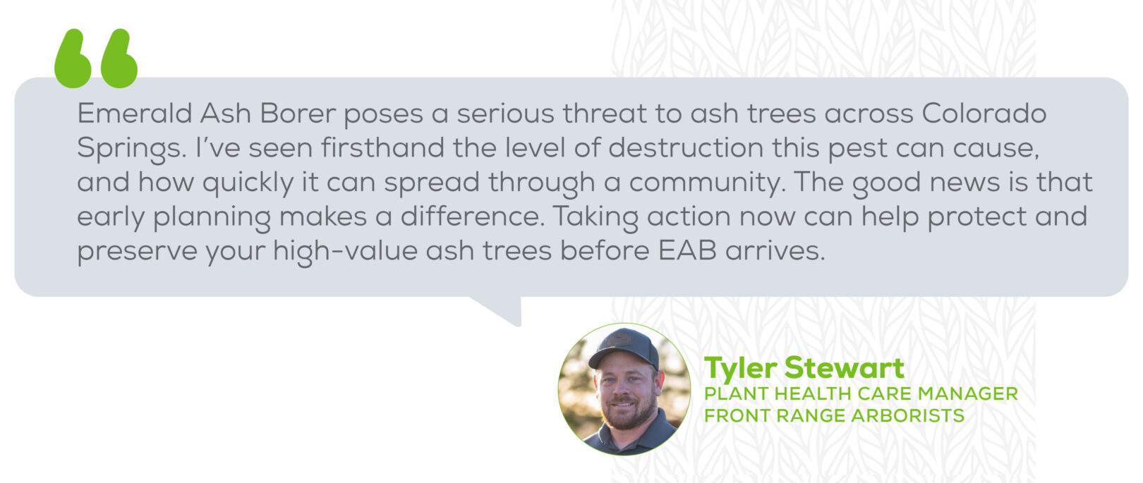 "Emerald Ash Borer poses a serious threat to ash trees across Colorado Springs." Tyler Stewart, Plant Heath Care Manager, Front Range Aborists