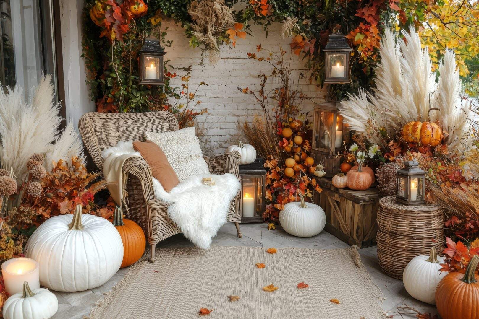 Rustic Fall Outdoor Décor - Rustic Fall decor with barrels overflowing with mums, tall flowing grasses, different layers and textures
