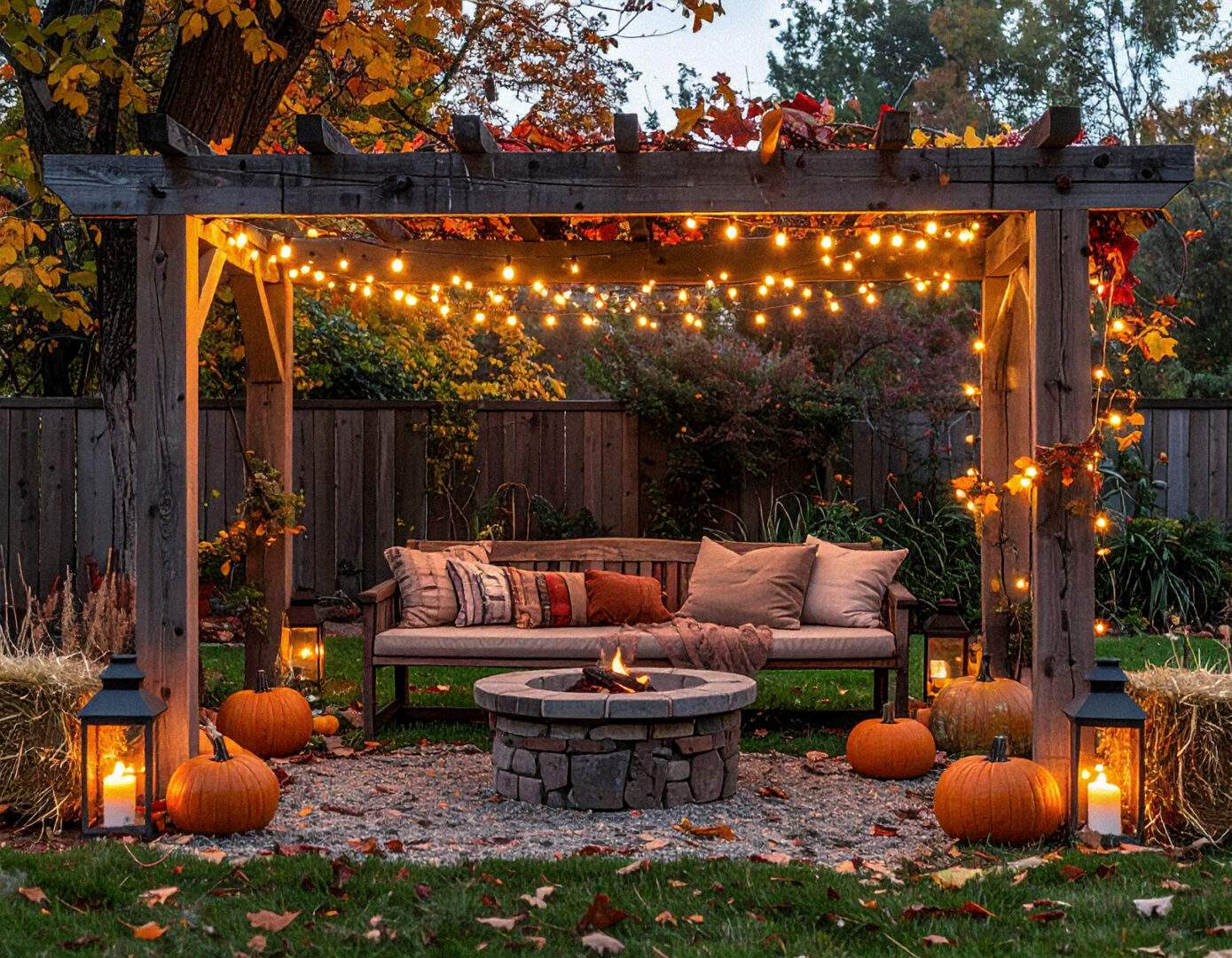 A string of lights adds ambiance to fall decorated backyard